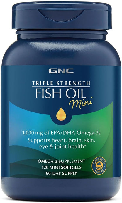 GNC Triple Strength Fish Oil Mini Omega 3 Supplement, 1000mg EPA and DHA, Supports Heart, Brain, Skin, Eye and Joint Health, 240 Mini Softgels