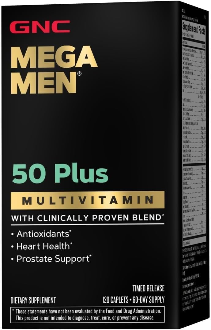 GNC Mega Men 50 Plus Multivitamin Caplets for Men, Clinically Proven, Heart & Prostate Health, B Vitamins, Saw Palmetto, Memory, Vitamin D-3, 60 Count