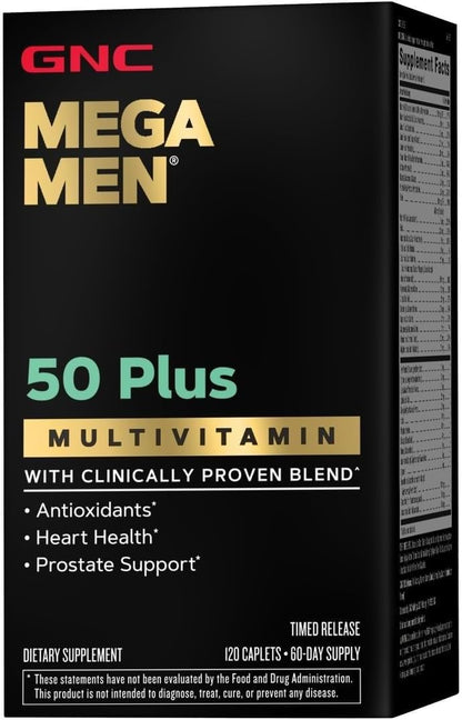 GNC Mega Men 50 Plus Multivitamin Caplets for Men, Clinically Proven, Heart & Prostate Health, B Vitamins, Saw Palmetto, Memory, Vitamin D-3, 60 Count