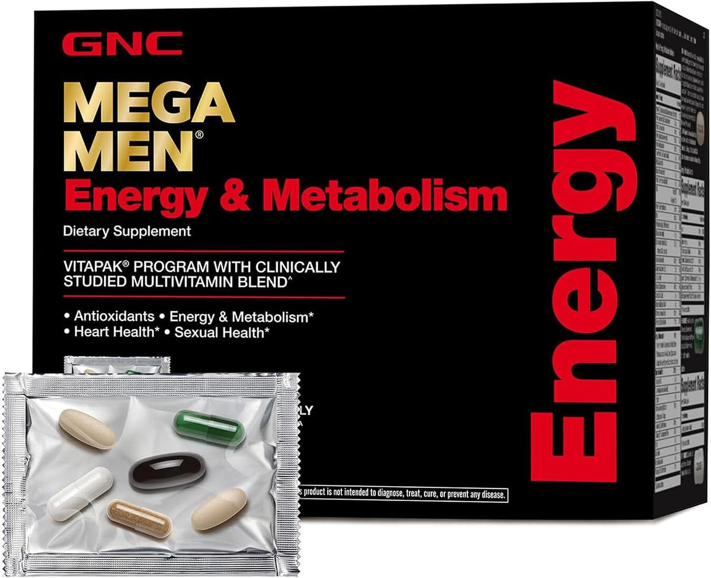 GNC Mega Men Energy and Metabolism Vitapak Program for Men, Convenient, Complete Nutrition, 5 Products in 1 Packet, Calorie Burn, Thermogenic, 300mg Caffeine, 30 Daily Packs