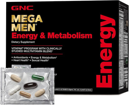 GNC Mega Men Energy and Metabolism Vitapak Program for Men, Convenient, Complete Nutrition, 5 Products in 1 Packet, Calorie Burn, Thermogenic, 300mg Caffeine, 30 Daily Packs