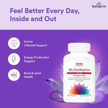 GNC Women's Multivitamin Active Without Iron, Supports an Active Lifestyle, 30+ Nutrient Formula, Promotes Bone & Joint Health, Helps Energy Production, 180 Caplets