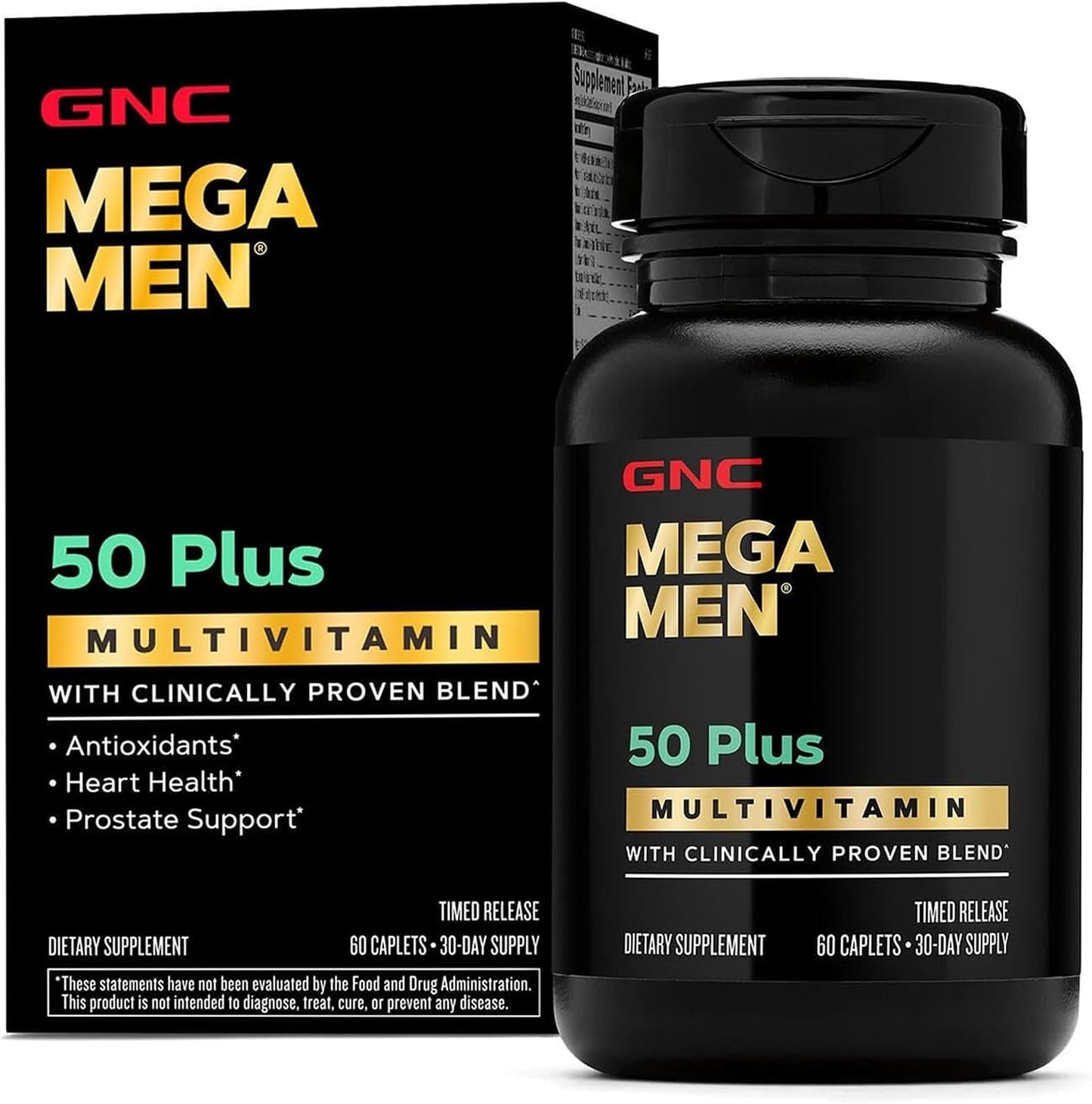 GNC Mega Men 50 Plus Multivitamin Caplets for Men, Clinically Proven, Heart & Prostate Health, B Vitamins, Saw Palmetto, Memory, Vitamin D-3, 60 Count