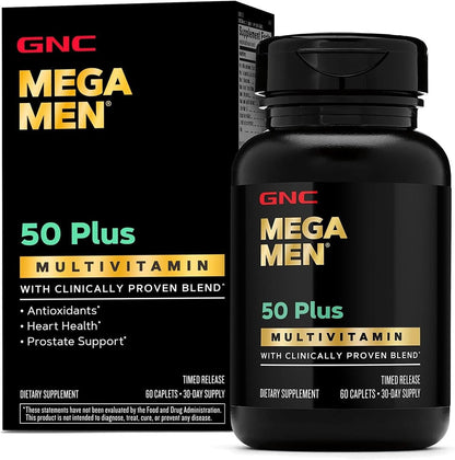 GNC Mega Men 50 Plus Multivitamin Caplets for Men, Clinically Proven, Heart & Prostate Health, B Vitamins, Saw Palmetto, Memory, Vitamin D-3, 60 Count