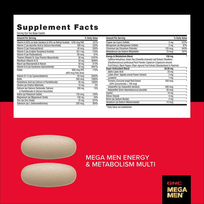 GNC Mega Men Energy and Metabolism Vitapak Program for Men, Convenient, Complete Nutrition, 5 Products in 1 Packet, Calorie Burn, Thermogenic, 300mg Caffeine, 30 Daily Packs