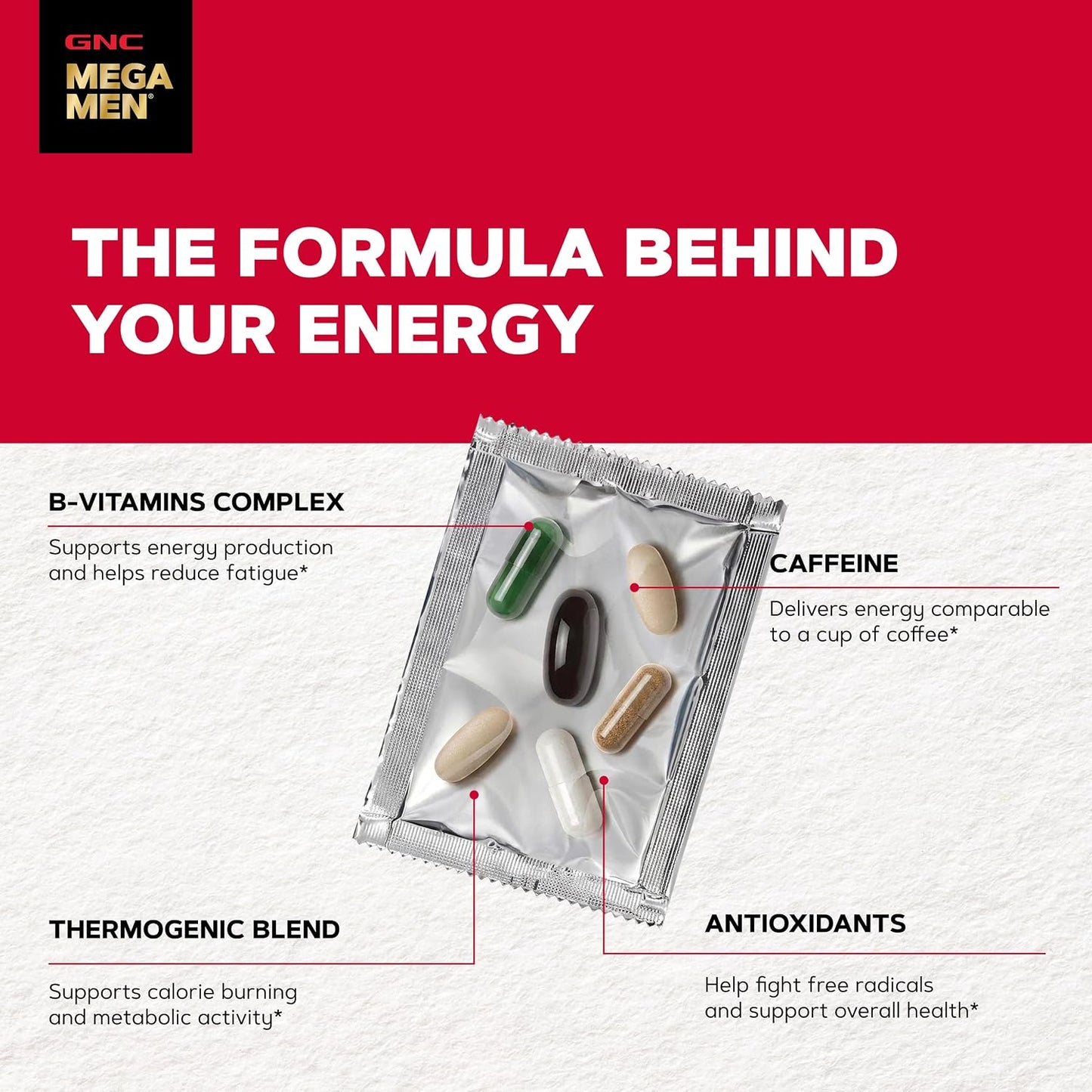 GNC Mega Men Energy and Metabolism Vitapak Program for Men, Convenient, Complete Nutrition, 5 Products in 1 Packet, Calorie Burn, Thermogenic, 300mg Caffeine, 30 Daily Packs