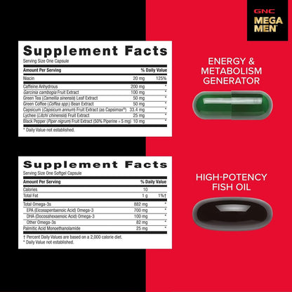 GNC Mega Men Energy and Metabolism Vitapak Program for Men, Convenient, Complete Nutrition, 5 Products in 1 Packet, Calorie Burn, Thermogenic, 300mg Caffeine, 30 Daily Packs