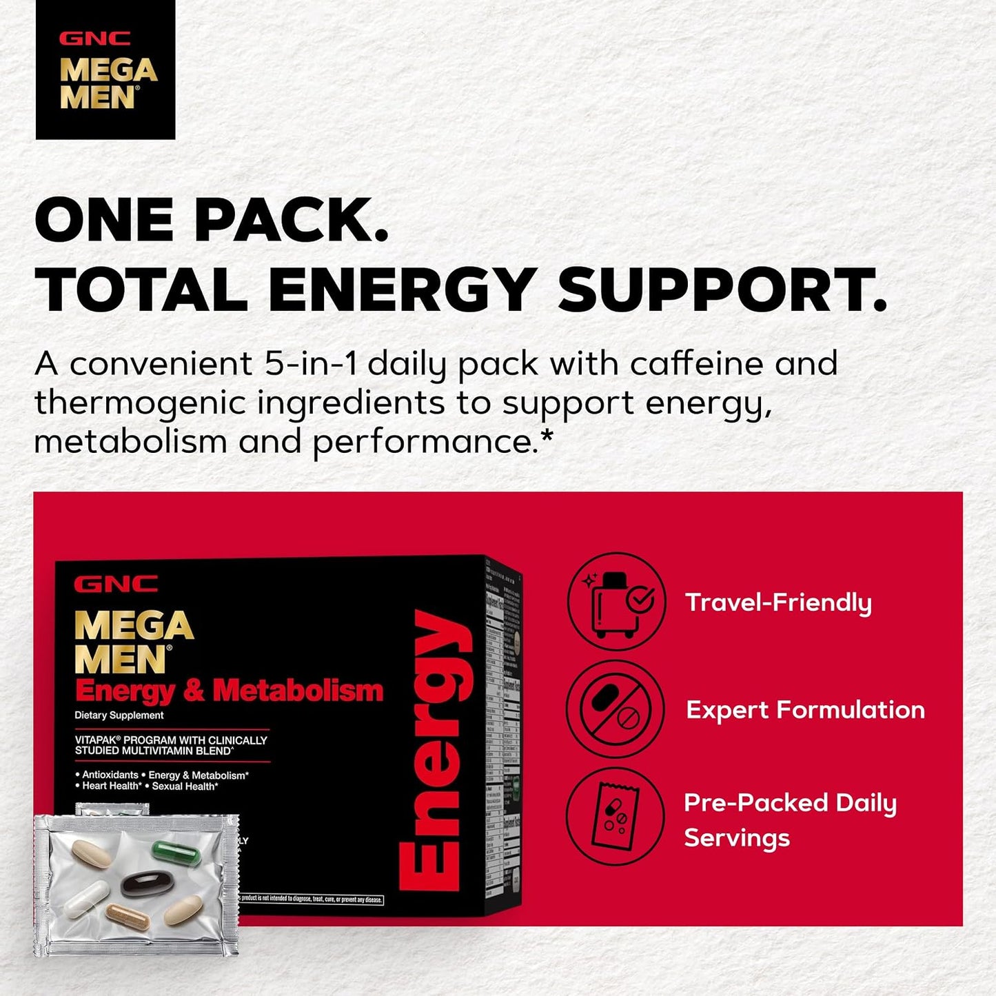 GNC Mega Men Energy and Metabolism Vitapak Program for Men, Convenient, Complete Nutrition, 5 Products in 1 Packet, Calorie Burn, Thermogenic, 300mg Caffeine, 30 Daily Packs