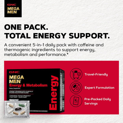 GNC Mega Men Energy and Metabolism Vitapak Program for Men, Convenient, Complete Nutrition, 5 Products in 1 Packet, Calorie Burn, Thermogenic, 300mg Caffeine, 30 Daily Packs